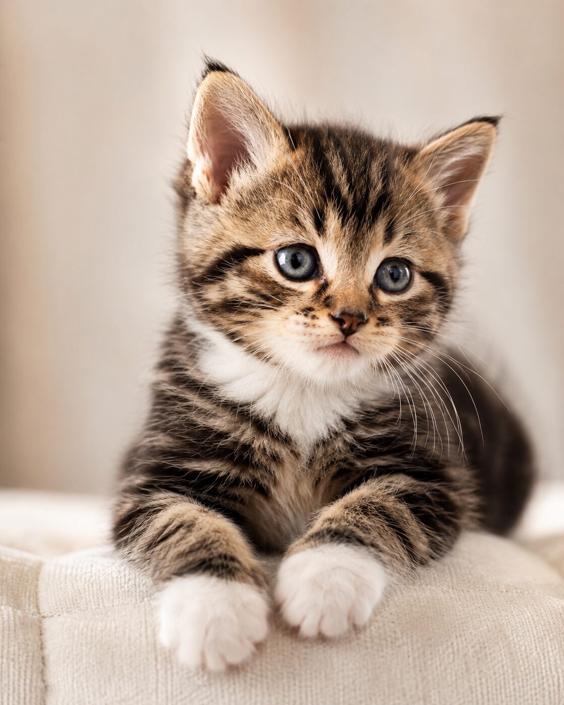 Bear, a generously built classic tabby kitten resting with white paws crossed over a cushion’s edge