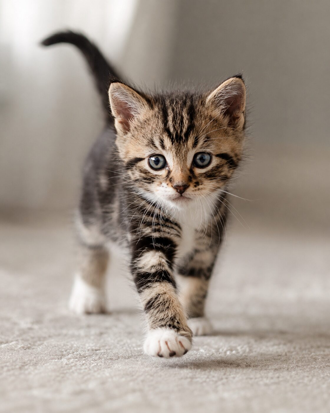 Blaze, a bold-banded tabby kitten mid-stride, tail high, advancing at speed
