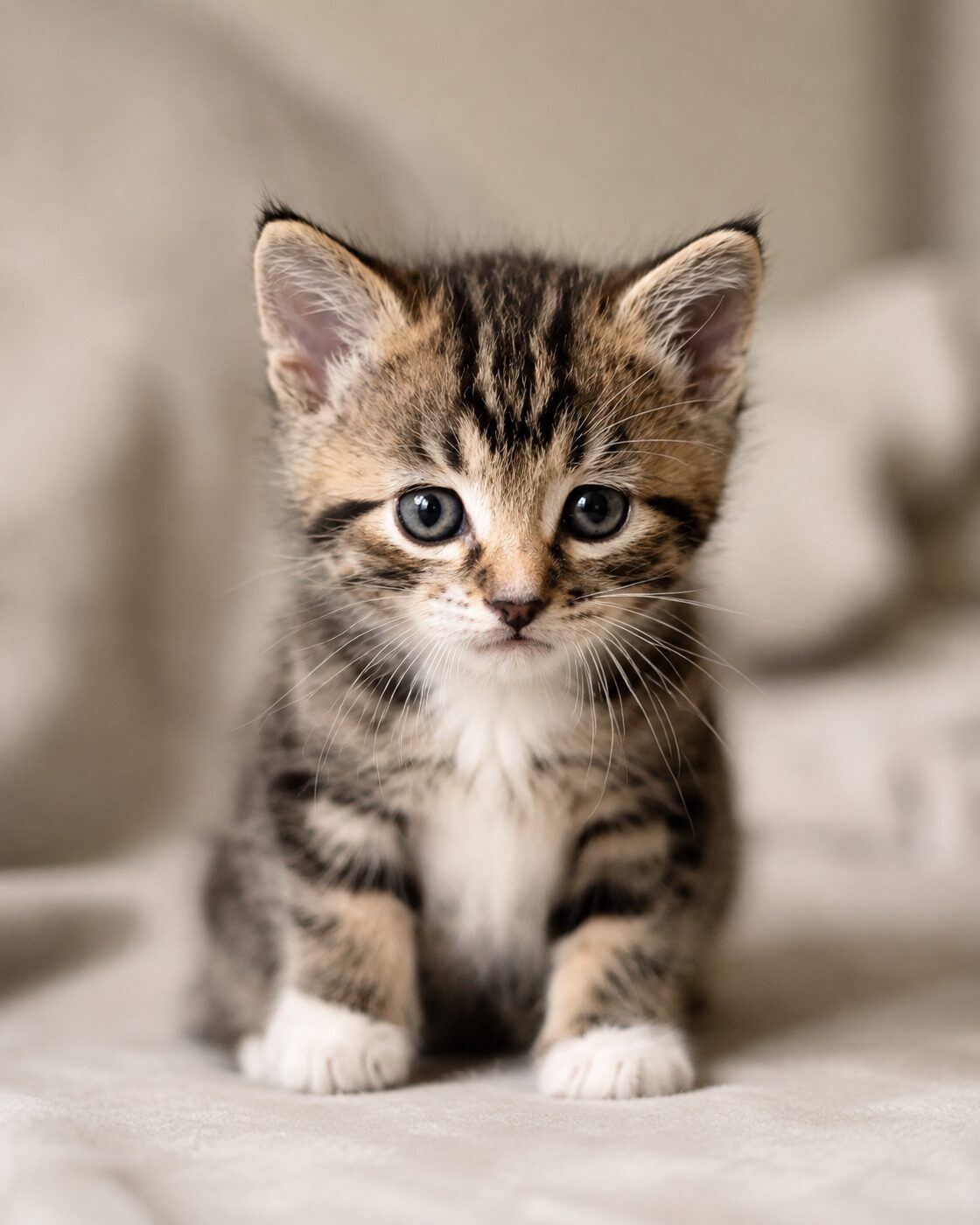 Duke, a marble tabby kitten with white gloves, seated squarely, meeting the camera with a level look