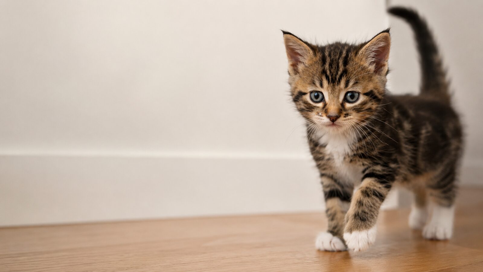A Diamond Mouser kitten walking the east corridor on hardwood, white paws forward