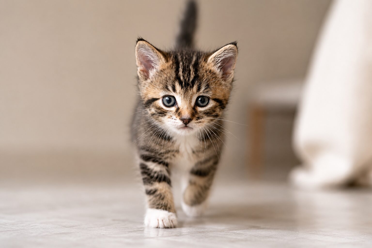 A kitten advancing directly toward the camera, low angle, tail raised