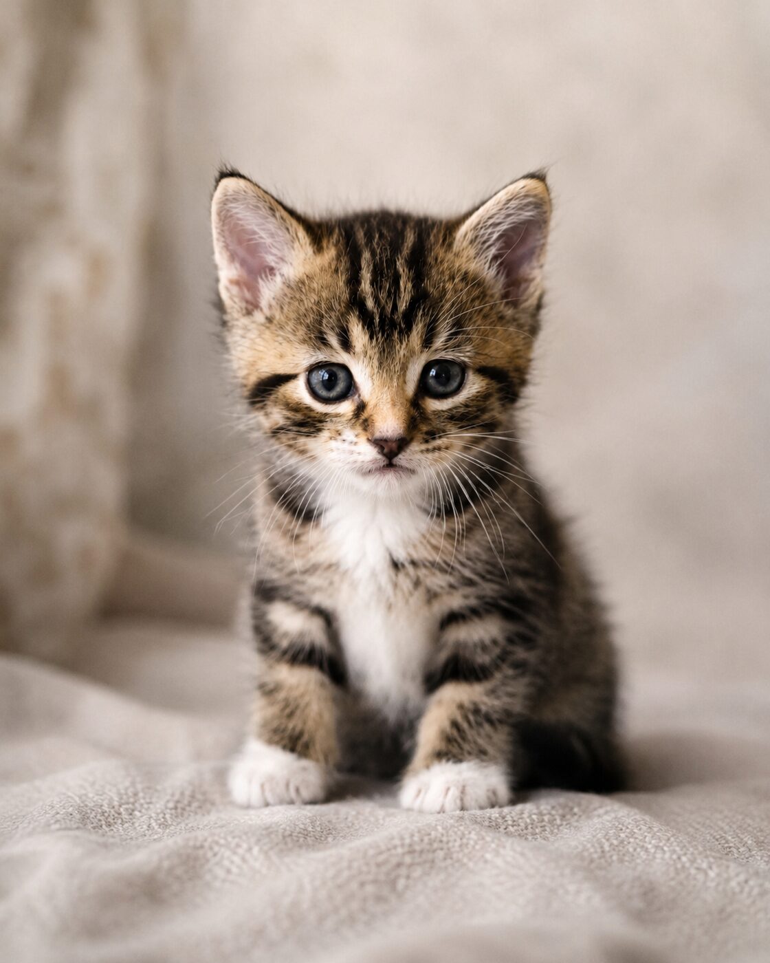 A kitten sitting upright on cream linen for a formal portrait
