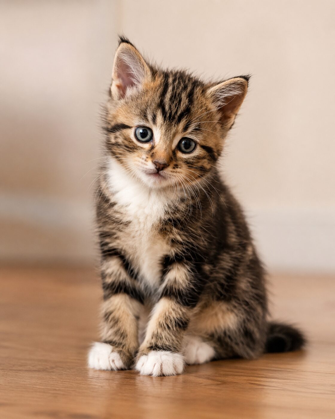 A kitten with head tilted, considering the viewer