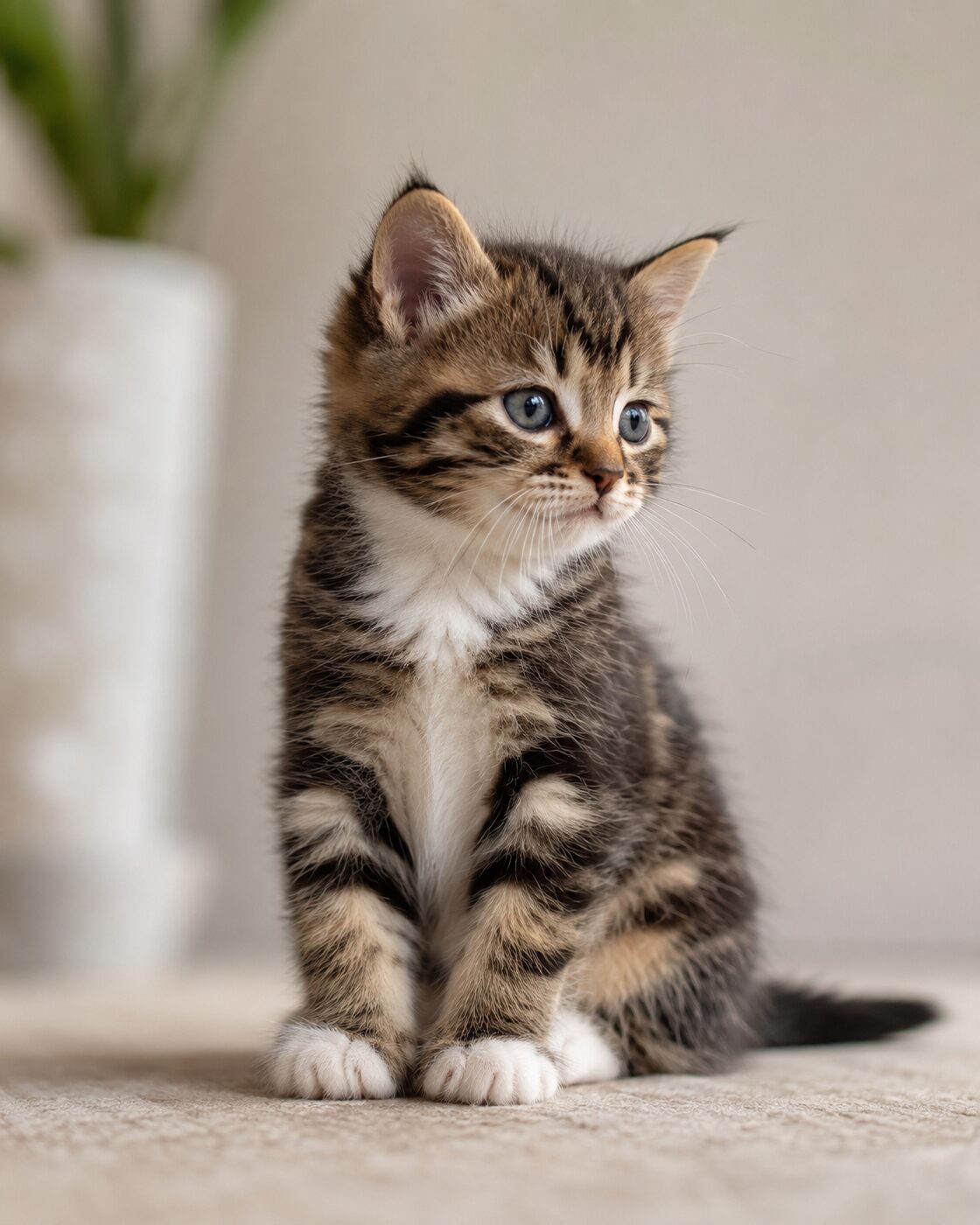 Onyx, a soft-shaded tabby kitten seated in profile, watching the window with intent